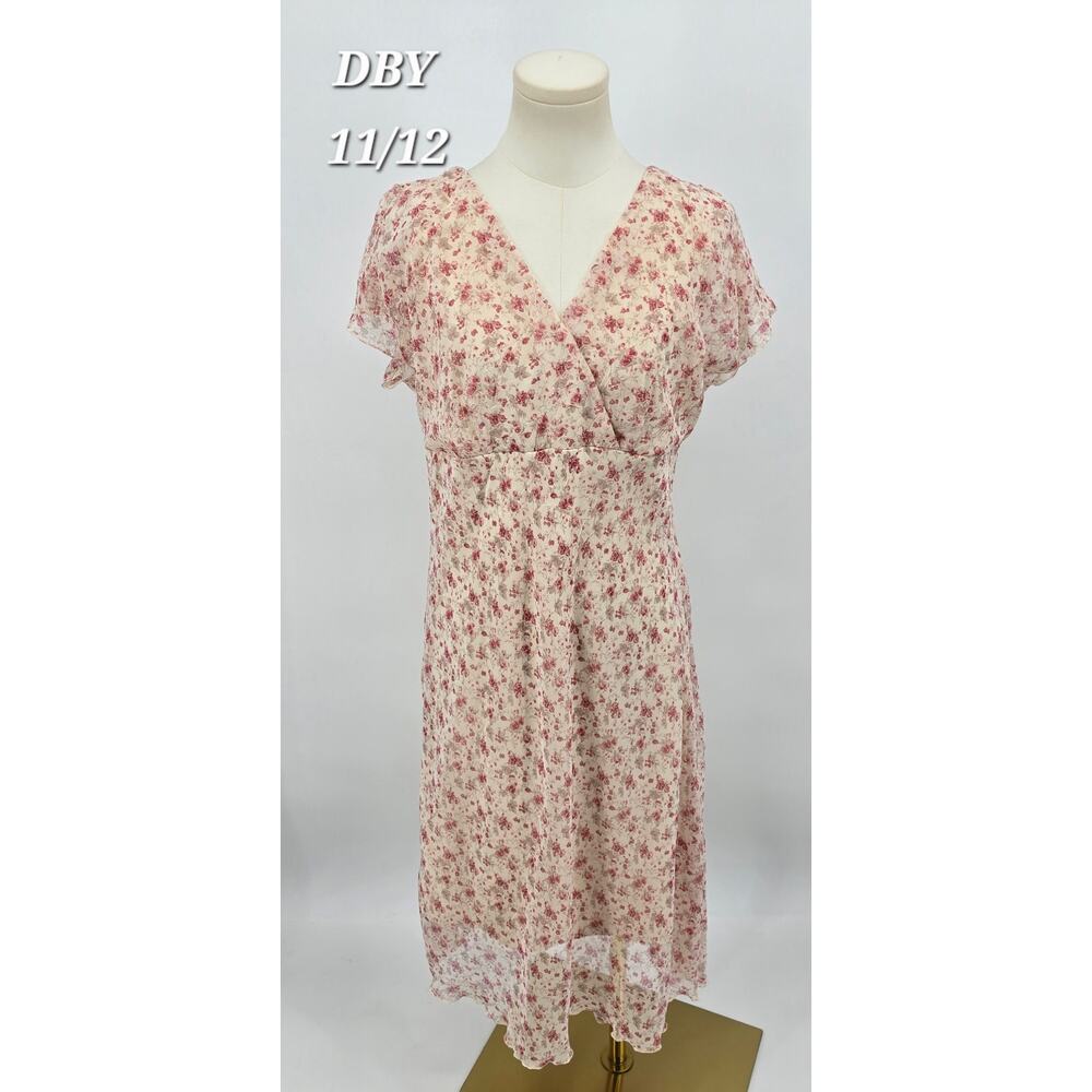 DBY Y2K Floral Chiffon Dress 11/12 Pink Rose Cottagecore Empire Midi Romantic